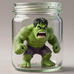 a tiny realistic hulk, upset screaming angry, inside a glass jar with holes in the lid. sharp focus, photography, unreal engine, trending on artstation, photorealistic, octane, trending on deviantart, unreal engine