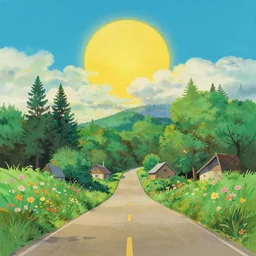 empty village runway panorama in the woods with beautiful sky and giant sun, bloom, on, painting by kazuo oga ghibli pixar disney ghibli gouache painting