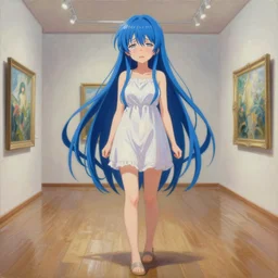an infinitely detailed museum - quality oil painting by fkey!!, full - body detailed artwork of an anime girl erika furudo from umineko when they cry, long blue hair, by white datura, cute - fine - face, beautiful full - body render, trending on artstation, 4 k