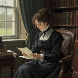victorian britain 1 8 3 5, older paler florence nightingale sitting writing letters in the library of a english victorian manor. light from a window on the left, dull colours, finely detailed perfect art, gapmoe yandere grimdark, trending on pixiv fanbox, painted by greg rutkowski makoto shinkai takashi takeuchi studio ghibli