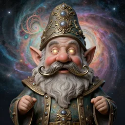 joyous robot gnome face, reaching nirvana, goofy, silly, dmt, large metal mustache, muted colors, benevolent, nebula background, glowing eyes, detailed realistic surreal retro gnome in full regal attire. face portrait. art nouveau, visionary, baroque, giant fractal details. vertical symmetry by zdzisław beksinski, highly detailed, realistic