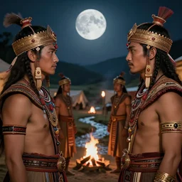 matte close - up portait of tai smart warlords who assemble on a full moon night at the camp in the valley near waterstream, face to face meeting, ethenic costume, traditonal decoration, light from bonfires and torch, digital art trending on artstation, elegant, loin cloth, highly detailed, 8 k, cinematic lighting, global illumination, elegant, ornate, super detail