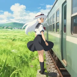 beautiful hyper detailed scene render of a girl with long white hair and a round hat wearing a black and white school uniform with a red ribbon standing on the edge of a moving train in the middle of grass fields on a windy and sunny day, in the style of makoto shinkai victo ngai and peter mohrbacher studio ghibli artgerm, animation style, 8 k hd, dream, trending on artstation