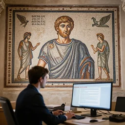 romans using a computer in a office, artwork roman mosaic, ancient rome, opus tesellatum.