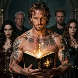 muscular Sam Winchester with religious tattoos all over him, as a Spellcaster, holding a book with glowing runes on the cover, D&D dark fantasy style, sharp focus, ultra detailed, art by Artgerm and Peter Andrew Jones, Karol Bak, Ayami Kojima, Amano and Olivier Ledroit