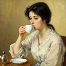 attractive woman drinking coffee, painting by j. c. leyendecker, yoji shinkawa, katayama bokuyo