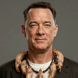 Tom hanks as forrest gump wearing a necklace of shrimps around the neck, realistic face, digital art, in the style of Vitaly Samarin Alexiu, amazing detail, artstation