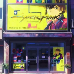 a high definition front view close up close up close up screenshot from the ( ( cyberpunk ) ) anime anime anime film ; a shopfront facade with ( ( ( ( advertisements ) ) ) ), digital painting by ( makoto shinkai ), moebius moebius, surrealism, trending on artstation