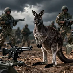 photograph of a black Kangaroo spying in a dense, military animal, machine gun
