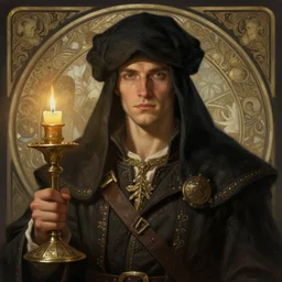 a mind - blowing portrait of a fortune seeker male, clean shaven, holding a candle holder, wearing dark maritime clothing, long sleeping cap, deep focus, d & d, fantasy, intricate, elegant, highly detailed, digital painting, artstation, concept art, matte, sharp, illustration, hearthstone, art by artgerm and greg rutkowski and alphonse mucha