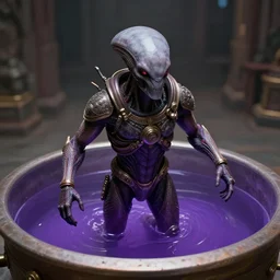 movie still frame, guild navigator mutant floating inside a vat of purple fluid, intricate details, beautiful composition, 8 k, cgi, by ridley scott, james cameron, zack snyder and michael bay