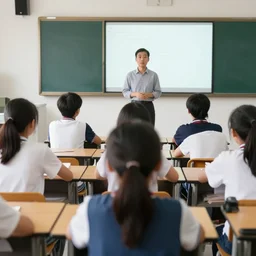 first - person view of the back of a few students at their desks facing the teacher all with comically enlarged heads