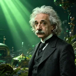 young albert einstein as a time traveler, retrofuturistic, green