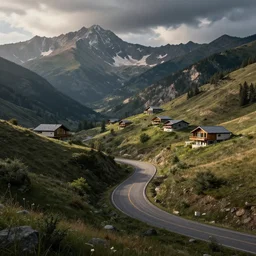 montana alpine landscape with windy road and modern homes designed by charles haertling scattered on the mountainsides, photo realism, dramatic lighting, from a dream, high quality digital art, unreal engine