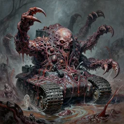 nightmare mollusk army clawed chyme panzers destroyed, mucosal clustered in mollusk skin with tank treads in turbid primoridal slimes by boris vallejo 1 9 7 3, terror by francesco blanc, richard m powers oils, horror by enric torres, by jack gaughan