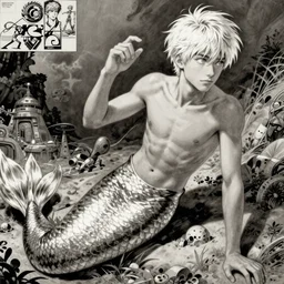 young teen bishonen male!! scrawny white haired merman! sci - fi! moebius, milo manara, hugo pratt, french comic art, semi - realistic anime, portrait, beautiful face, symmetrical face, trending on pixiv, detailed, clean lines, sharp lines, crisp lines, award winning illustration, masterpiece, 4 k