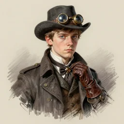 ((color sketch)) by Jean-Baptiste Monge !!!!!!!!!!!!!!!!!!!!!!!!!!!!!!!!!!!!! (((((((((((((portrait of boy dressed as steampunk detective wearing leather gloves . muted colors.)))))))))))))