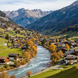 Beautiful alpine city, located between a river and the mountains, during autumn, photorealistic, 8k,
