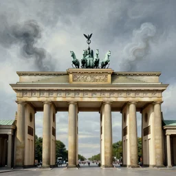 the brandenburg gate with four apocalypse horses on top surrounded by smoke in the style of hieronymus bosch, detailed painting