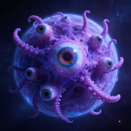 A telescope image of an Eldritch Organic Planet of The Void made of eyeballs and tentacles, Purple and Blue colored, 4k, masterpiece, cinematic, glowing, by Greg Rutkowski, Trending on Artstation, Behance. Polished, Planetary, Volumetric Lighting
