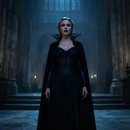 intense medium shot of rosamund pike as a vampire in a gothic cathedral at night, gloomy, cinematic, ground mist, volumetric light.