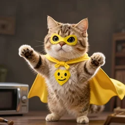 Gareth48 microwave cat being with floating hands and a yellow cape and a yellow cartoon crayon-drawn cartoon cat face, super hero, concept art