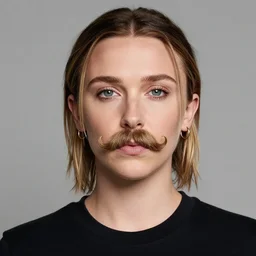 Stunning portrait photo of Millie Bobby Brown with a big moustache