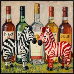 zebra and red zebra in front of liquor bottles, painting, advertisement, 1 9 3 0 s, leonetto cappiello