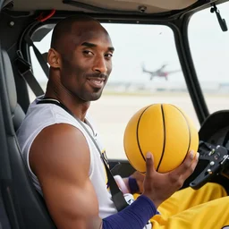 A close up photo of Kobe Bryant sitting in a helicopter cockpit and holding grape juice and a KFC bucket, hyper detailed, 8k resolution