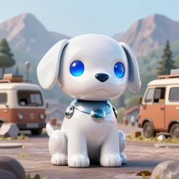 glossy white robot dog with blue eyes sat in front of a junker village. mountains in far away background. trending on artstation.