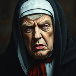 hyperrealistic artnouveau dark scary portrait oil painting of a seducing evilish vampire nun donald trump!!!! fine delicate details dark and blurry colors in style of michael hussar and alexandermcqueen