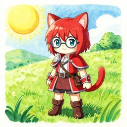 an absurdly-detailed colored-calligraphy-pen drawing, a cute adventurer, a short-red-haired cat-girl painted in final fantasy style, wearing glasses and red-mage musketeer outfit. Summer sun in verdant fields.
