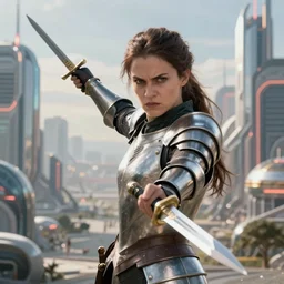 landscape of a future city, a young english woman between the ages of 2 0 - 2 5 years, wearing armor and pointing a dagger, wearing a face full of anger. cinematic capture, fine art, modern realism, sharp focus, good lighting, trending on artstation, trending on tiktok, smooth drawing, elegant, authoritative, without anomalies.