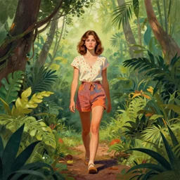 centre portrait of a girl walking through jungle!!, early morning, symmetry, retro 8 0 s style, colourful, accurate, realistic illustration, art by peter elson