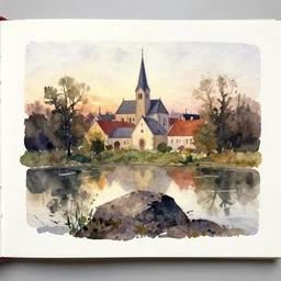 small centered on watercolor paper, paint brush strokes, abstract watercolor painting of village outskirt, pond, rough rock, medieval chapel at dawn, cinematic light, national romanticism by hans dahl, by jesper ejsing, by anders zorn, by greg rutkowski, by greg manchess, by tyler edlin
