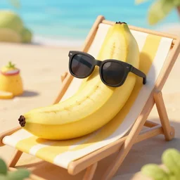 Banana with sunglasses in a sunbed, digital art