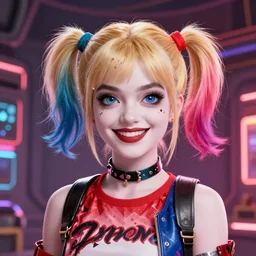 lofi biopunk portrait of harley quinn, cyberpunk background, Pixar style, by Tristan Eaton Stanley Artgerm and Tom Bagshaw.