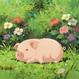 piglet resting on a beautiful garden by makoto shinkai, miniature pig, studio ghibli, hayao miyazaki, key anime visual poster