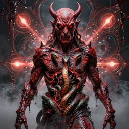 lord loss, king of hell, book portrait, pale red, lumpy skin, he has an open hole in his chest filled with deadly venomous snakes. he has very dark - red eyes with even darker red pupils. instead of having legs, strips of bloody flesh hang, psychedelic symmetric lights and fog, in the style of zdzislaw beksinski, glowing light and shadow, hyperrealist, 8 k