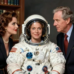 the world's most famous astronaut is embarrassed to be corrected by a glamourous librarian, painted by norman rockwell and tom lovell and frank schoonover