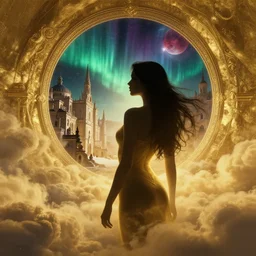silhouette of a sexy woman emerging from gold asperitas clouds in cyberpunk theme looking at an opening interstellar portal to renaissance italy, the portal opens to forbidden city during an aurora borealis and blood moon, intricate, elegant, by greg rutkowski, conrad roset, rembrant, takato yomamoto, james jean, rule of thirds, seductive look,