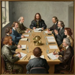 a renaissance painting of a psychedelic conference of scientists / professors / researchers, high detail, modern