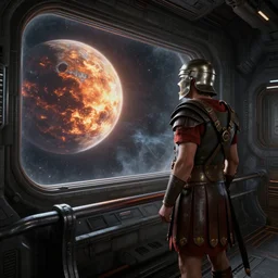 a roman soldier standing on the bridge of a space station looks out the window at a burning planet, realistic rendering, unreal engine, 4k, hdr, high dynamic range, f12, simon stalenhag, high tech, star wars cavern interior