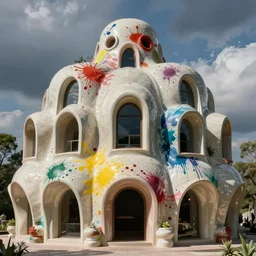 a massive generative design ceramic structure with bright colour spray paint splatters all over it