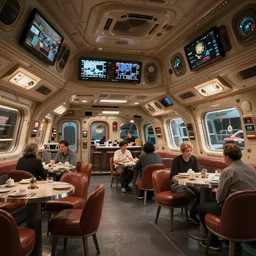 cozy spaceship mess hall. interior set design photograph by denis villeneuve 2 0 4 9, volumetric lighting