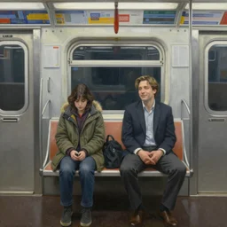 an oil painting by Grant Wood, a low angle medium shot of two people sitting in an empty Chicago subway train, in front of windows: a sad Aubrey Plaza wearing a parka and a friendly Mads Mikkelsen in a suit