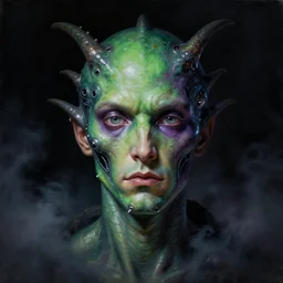 a neoclassicist close - up portrait of a green and purple man with hyperrealist dragon - like features. reflective alien technology. head and shoulders. foggy black background with dark puffy glowing clouds. highly detailed science fiction painting by norman rockwell, frank frazetta, syd mead and moebius. rich colors, high contrast, gloomy atmosphere, dark background. trending on artstation.