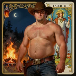 a dramatic, epic, ethereal painting of a handsome thicc shirtless cowboy beer belly wearing a leather belt | background is a late night campfire with food and jugs of whisky | tarot!! card, art deco, art nouveau | by Mark Maggiori | trending on artstation