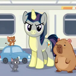 a gray yellow my little pony, a cat, a car, a wombat, a rage face, tom as jerry and a metroid in the subway