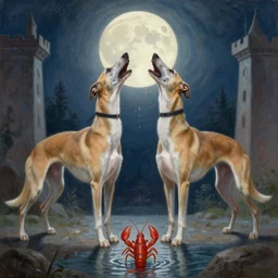 a painting of two whippets howling at the moon, standing in between two towers. drops of dew fall from the moon. in the foreground a crayfish emerges from water.